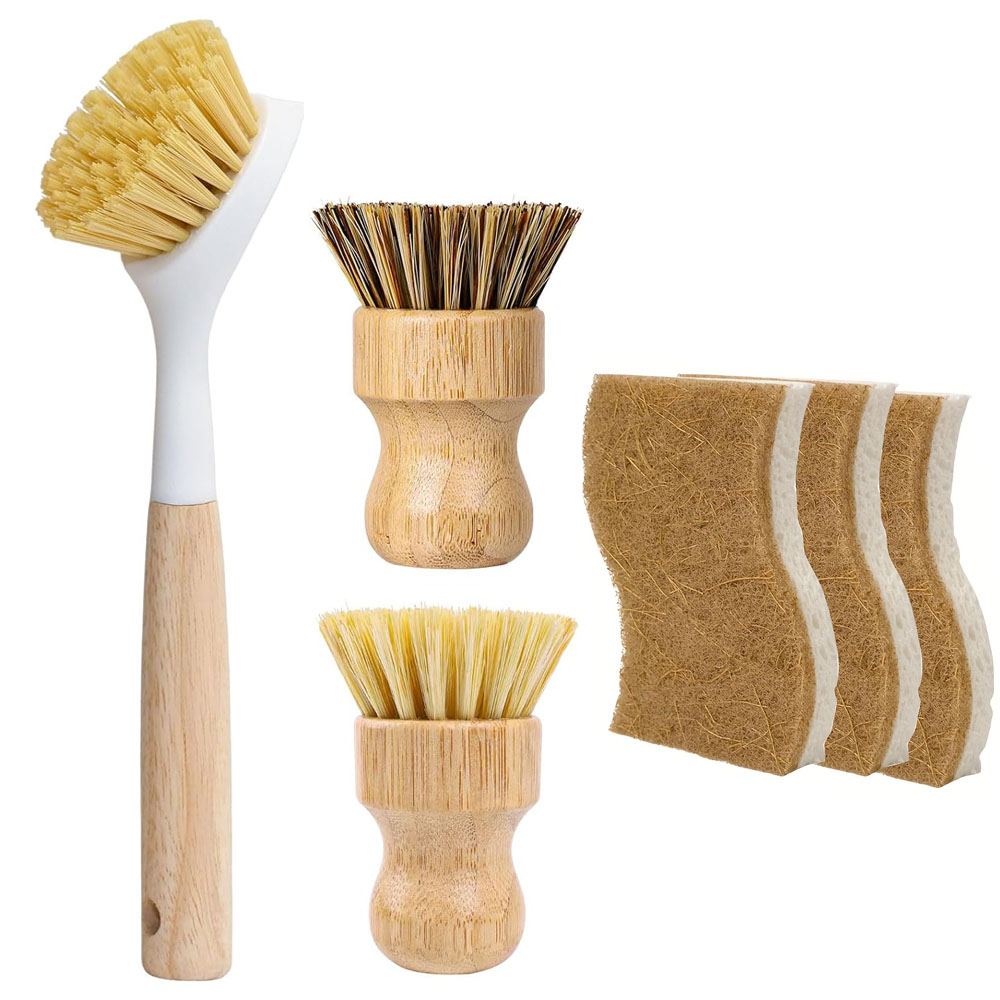 Dish Brush Bamboo - 6Pcs Bamboo Dish Brush & Sponge
