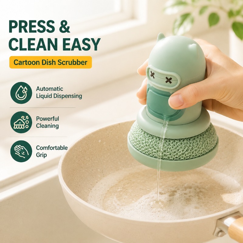 Dish Brush Bamboo - Kitchen Cartoon Press Bottle Brush with