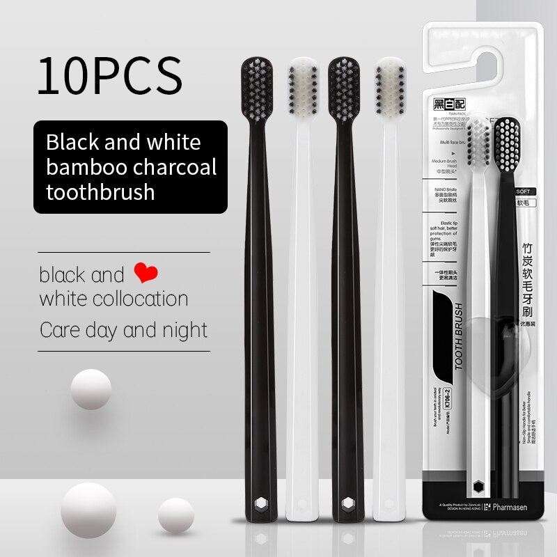 Bamboo Toothbrush Set - 10PC Bamboo Charcoal Brush Silk Soft