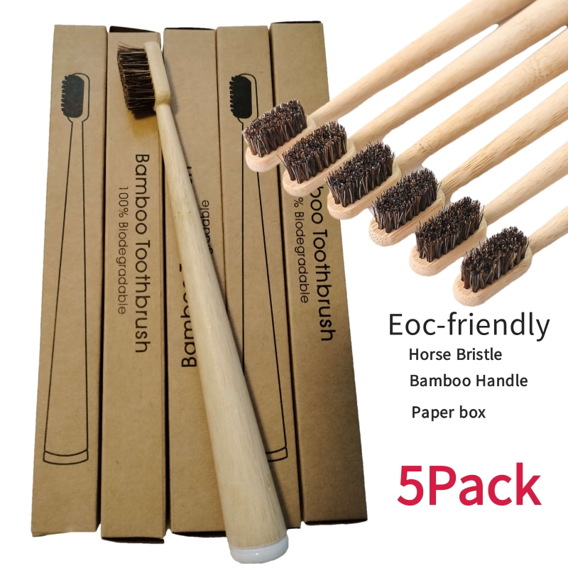 Bamboo Toothbrush Set - 5Pcs Horsehair Bamboo Toothbrush Soft Natural