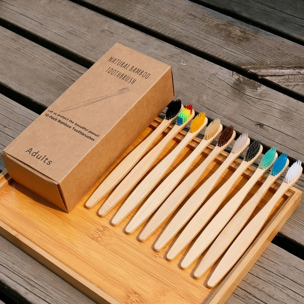 Bamboo Toothbrush Set - 10PCS Colorful Toothbrush Natural Bamboo Tooth